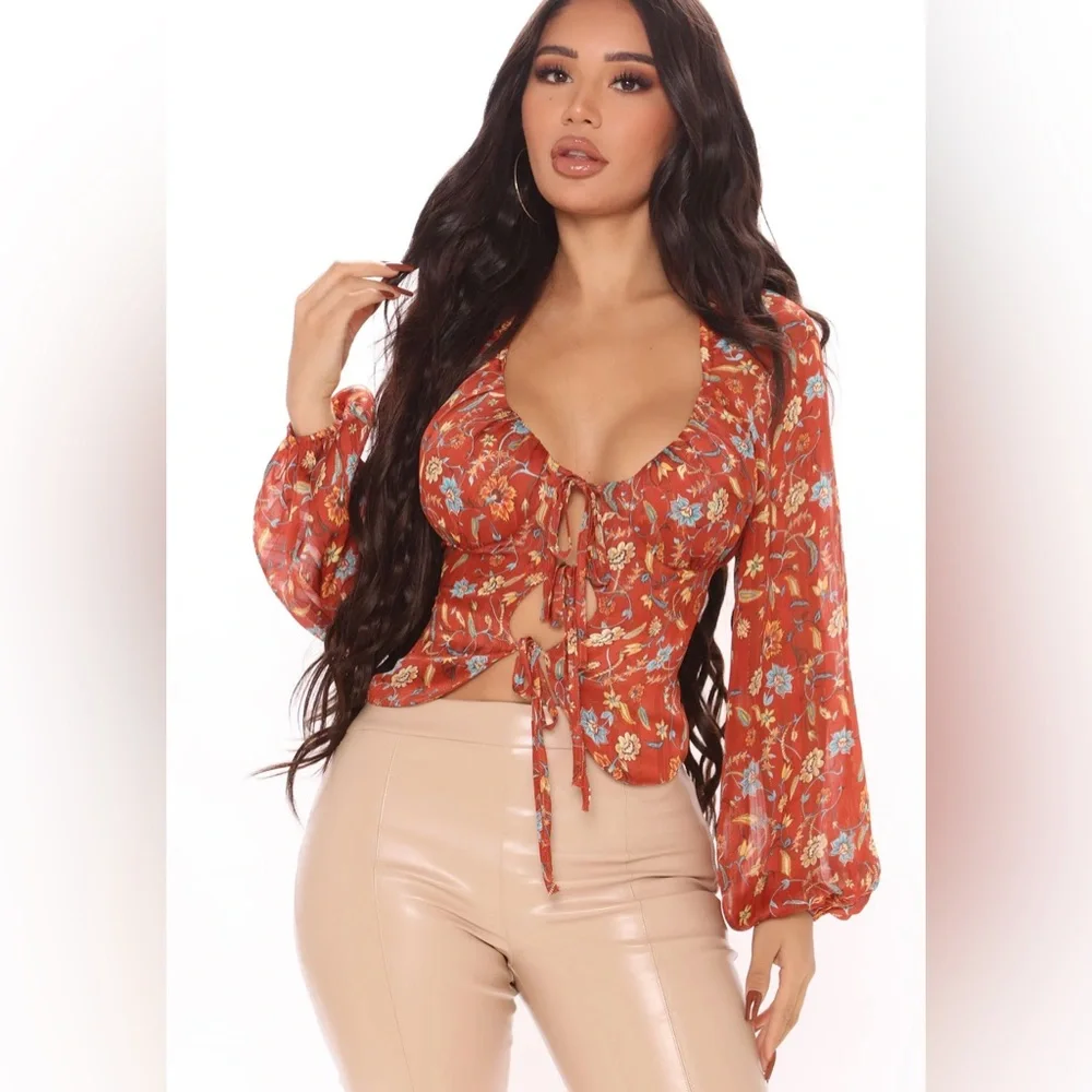 Fashion Nova - Chia Boy Chiffon Top - Floral Rust - Small - Picture 1 of 5
